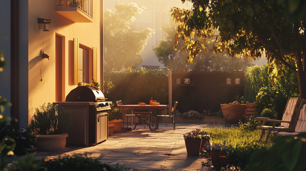 A backyard patio, perfect for gatherings, features a grill, dining table with chairs, potted plants, and lawn chairs-all bathed in warm sunlight and greenery. Learn more About Us and our passion for outdoor living spaces.