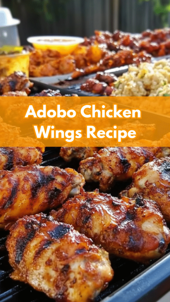 Grilled adobo chicken wings in the foreground on a barbecue grill, with rice and other grilled foods in the background. Text overlay reads: "Try this flavorful adobo chicken wings recipe.