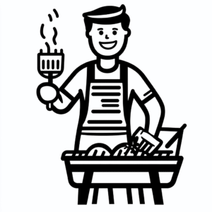 Line drawing of a person wearing an apron, grilling food on a barbecue grill, holding a spatula and a basting brush, and smiling.