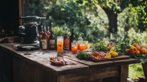 A rustic outdoor wooden table set with bottles, cocktails, fresh herbs, raw meat, lemons, and persimmons invites you to Grill and Chill: Crafting Refreshing BBQ Cocktails amid leafy greenery in the background.