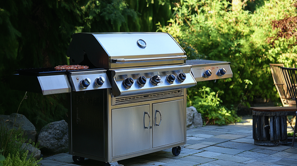 A large stainless steel outdoor gas grill with multiple burners is positioned on a stone patio, surrounded by greenery, with food cooking on the left side.