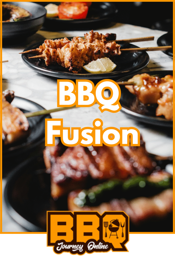 Plates of assorted grilled meats and vegetables on skewers arranged on a marble table, showcasing BBQ Fusion: Blending Flavors from Different Cuisines, with vibrant colors and the "BBQ Fusion" text overlay.