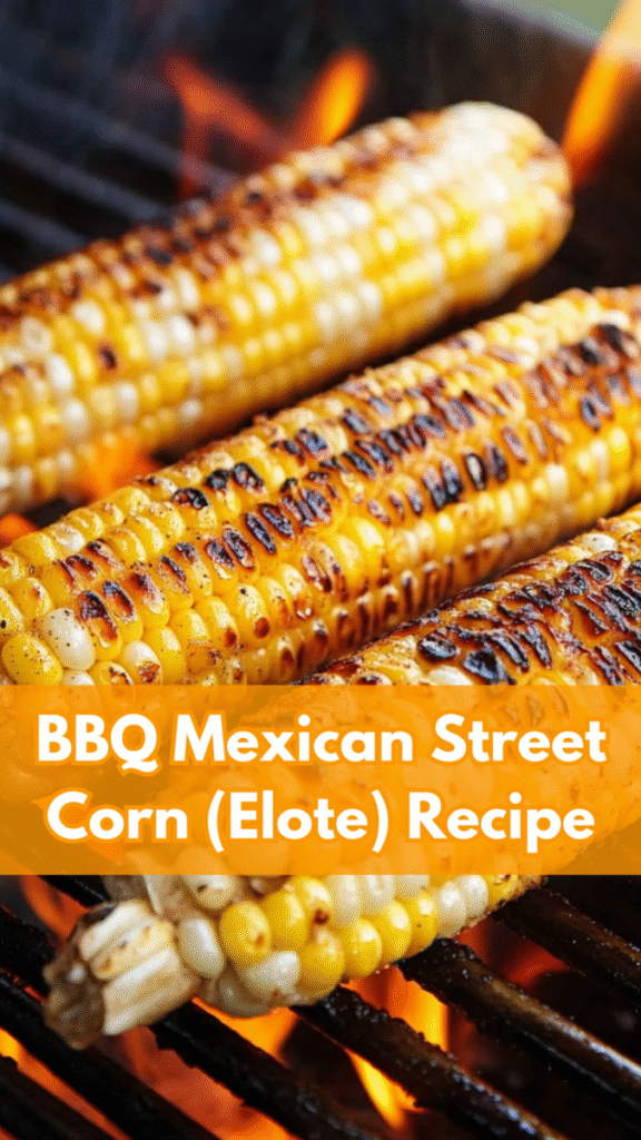 Three ears of corn grilling over an open flame on a barbecue, with some charred kernels visible. Text overlay reads: "BBQ Mexican Street Corn Elote Recipe." Perfect for making authentic mexican street corn elote at home.
