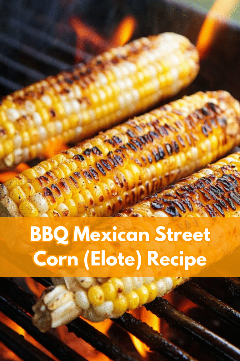 Three ears of corn grilling over an open flame on a barbecue, with some charred kernels visible. Text overlay reads: "BBQ Mexican Street Corn Elote Recipe." Perfect for making authentic mexican street corn elote at home.