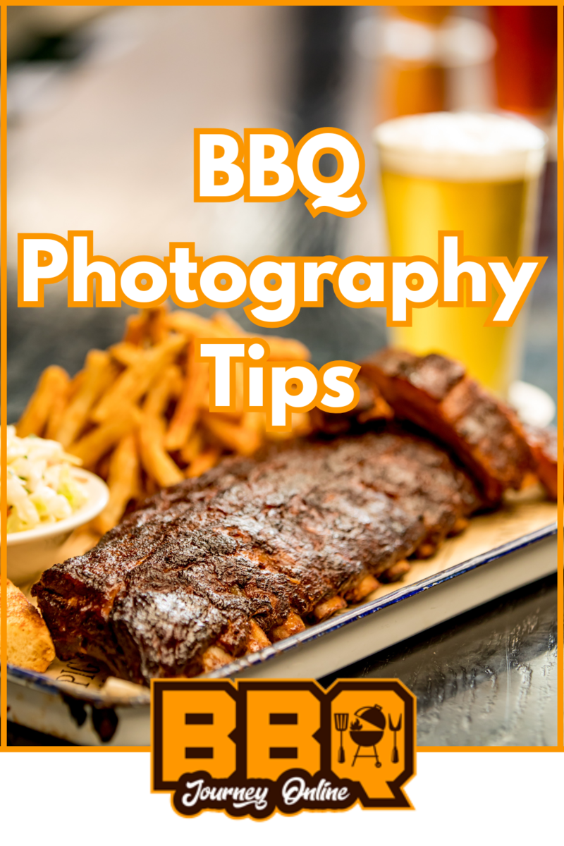 A plate of BBQ ribs, fries, and coleslaw sits next to a glass of beer, with the text "BBQ Photography Tips: Capturing Your Culinary Creations" overlaid on the image.