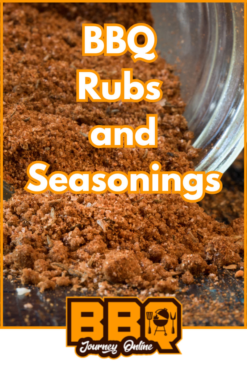 A close-up view of BBQ rubs and seasonings spilled from a glass jar with text overlay reading “BBQ Rubs and Seasonings: Elevating Your Flavor Game.”.