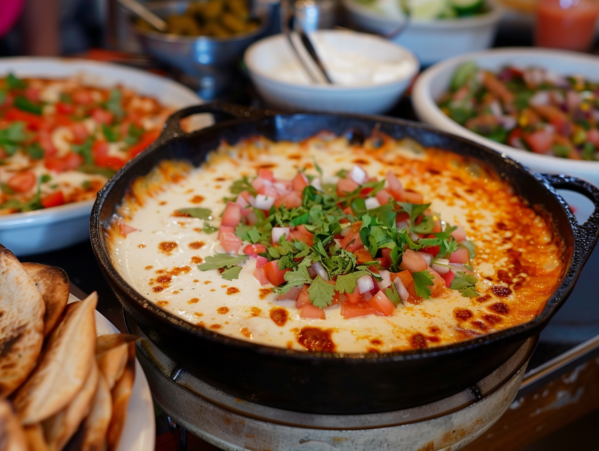 A cast iron skillet of smoked queso fundido, topped with chopped tomatoes and cilantro, surrounded by bowls of salad, pita bread, and other side dishes.