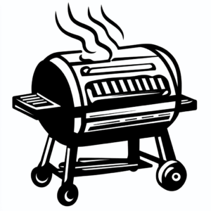 Black and white illustration of a barbecue grill with smoke rising, showing two side shelves and wheels for mobility.