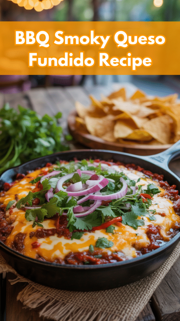 A skillet of smoked queso fundido topped with cilantro and red onions sits on a table next to a plate of tortilla chips.