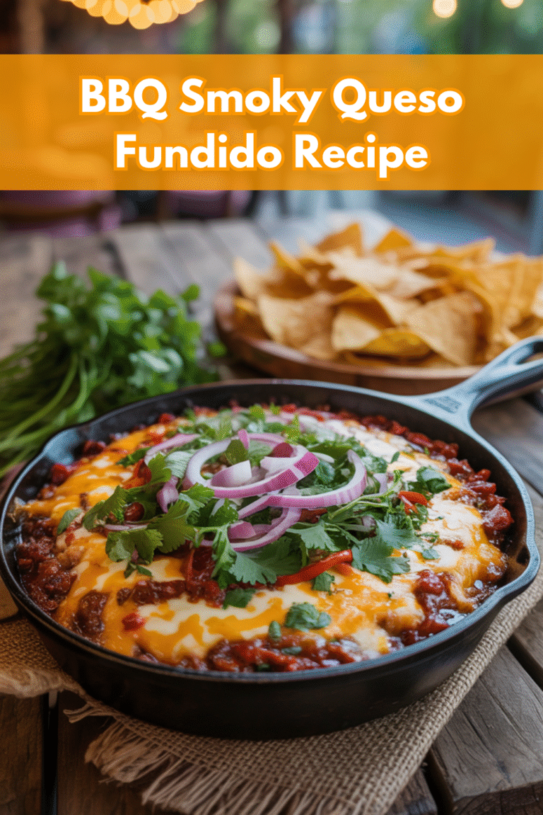 A skillet of smoked queso fundido topped with cilantro and red onions sits on a table next to a plate of tortilla chips.