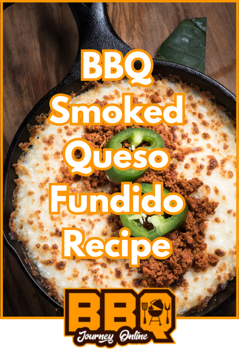 A cast iron skillet filled with smoky, melted smoked queso fundido, topped with crumbled meat and sliced jalapeños; BBQ Smoked Queso Fundido Recipe text overlay.