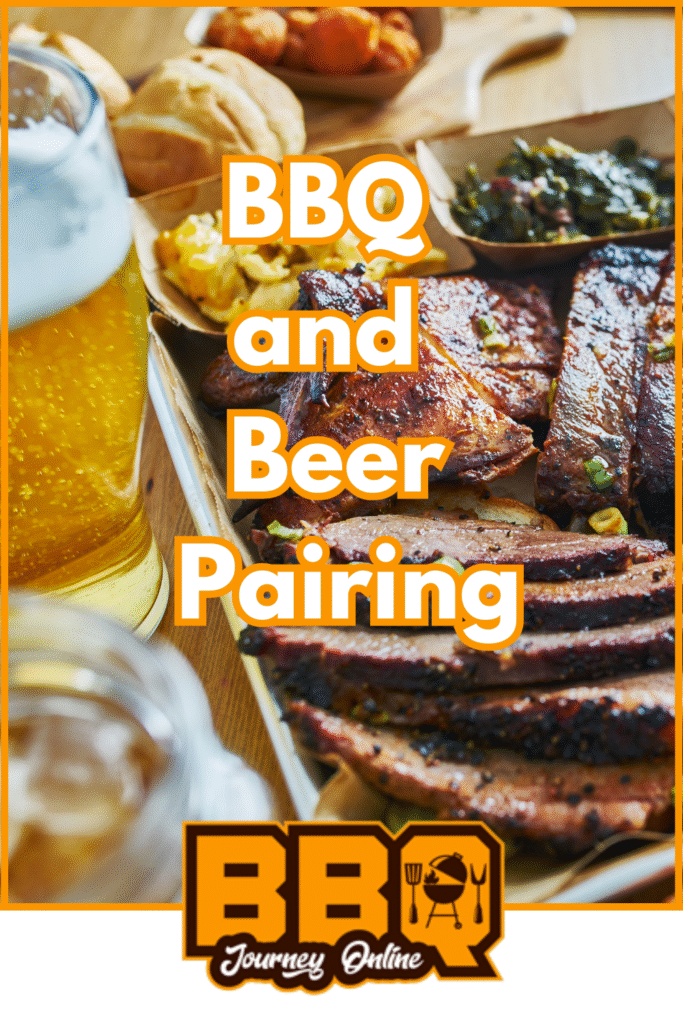 A glass of beer accompanies a platter of assorted barbecued meats, bread, and sides on a wooden table; text reads “BBQ and Beer Pairing” to highlight the perfect match of flavors.