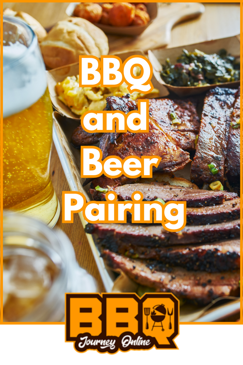 Close-up of assorted barbecue meats, sides, and a glass of beer on a tray, with the text "BBQ and Beer Pairing: Elevate Your Grilling Experience" overlaid.