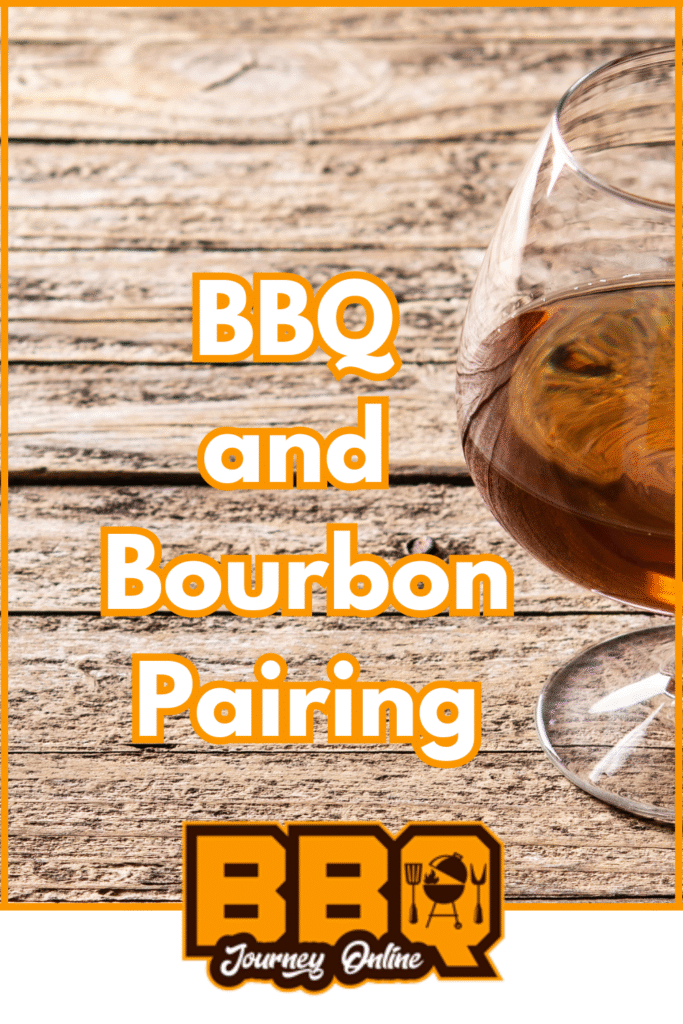 A glass of bourbon on a wooden table with the text "BBQ and Bourbon Pairing: A Match Made in Grilling Heaven" and a BBQ Journey Online logo at the bottom.