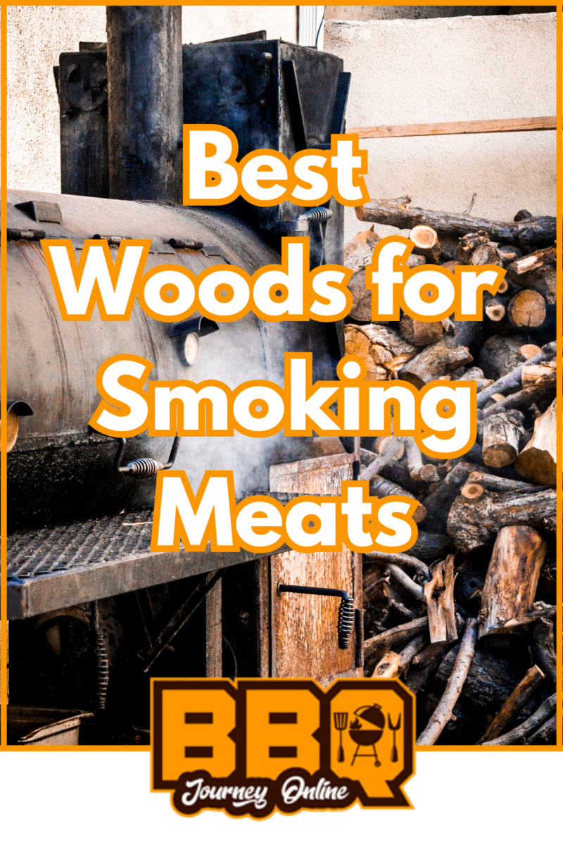 A smoker beside a large stack of firewood highlights "The Best Woods for Smoking Meats," with the BBQ Journey Online logo featured at the bottom.