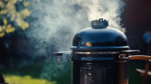 A black ceramic charcoal smoker emits smoke outdoors, with sunlight highlighting the rising smoke against a blurred garden background.