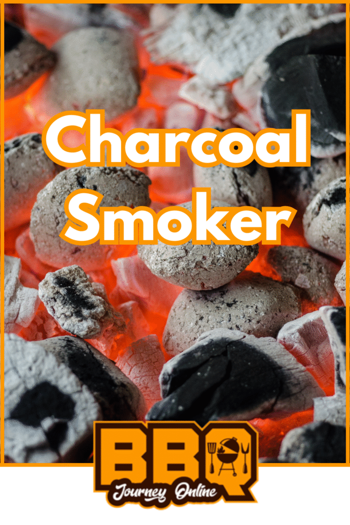 Close-up of glowing hot charcoal briquettes with the text "How To Use A Charcoal Smoker? A Complete Guide" and a BBQ Journey Online logo at the bottom.