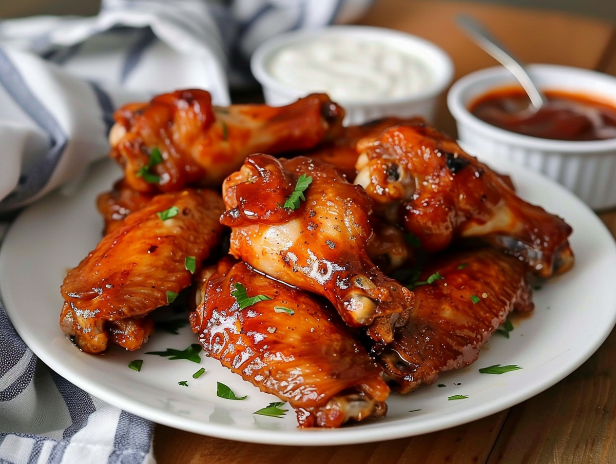 A plate of glazed adobo chicken wings garnished with herbs, served with a side of dipping sauces on a wooden table.