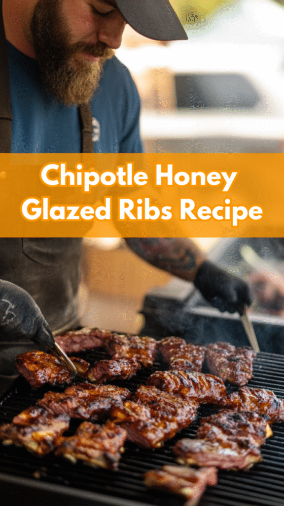 A man grills chipotle honey glazed ribs, turning them with tongs over a hot grill as the sweet and smoky aroma rises.