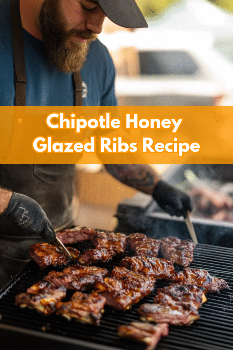 A man grills chipotle honey glazed ribs, turning them with tongs over a hot grill as the sweet and smoky aroma rises.
