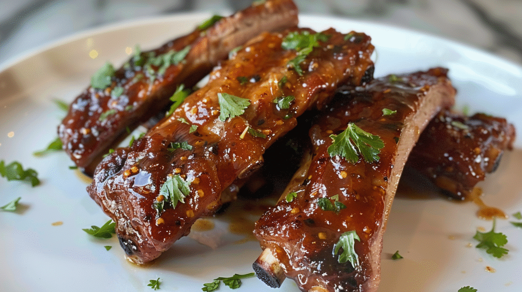 A plate of chipotle honey glazed ribs garnished with chopped parsley on a white dish.