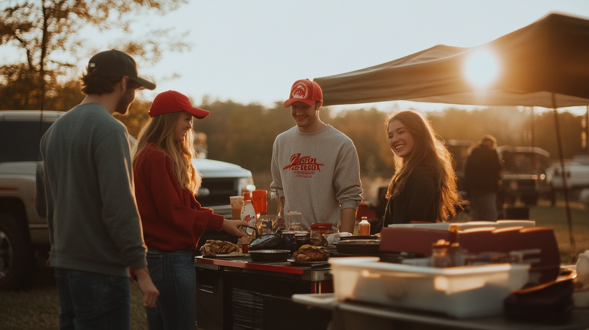 Four people stand around a table with food and drinks at an outdoor gathering near vehicles, under a canopy as the sun sets. For more details about hosting your own event like this, Contact Us today.