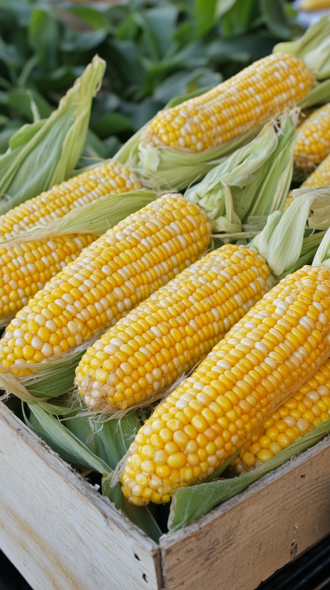 Several ears of fresh yellow corn with husks are displayed in a wooden crate, perfect for your next BBQ or to try a delicious Mexican street corn elote recipe, with green leaves visible in the background.