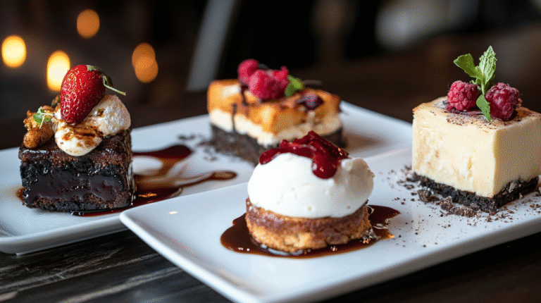 Four assorted plated desserts, inspired by grilled desserts recipes, including a chocolate brownie with strawberry, cheesecake squares with berries, and a round dessert topped with whipped cream and sauce on white dishes.