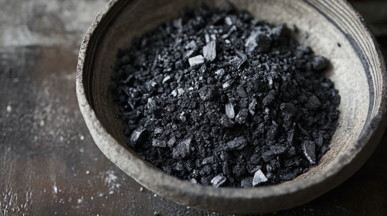 A ceramic bowl filled with coarse, black charcoal pieces sits on a rustic wooden surface, reminding you to Safely Dispose of Hot Coals after use.