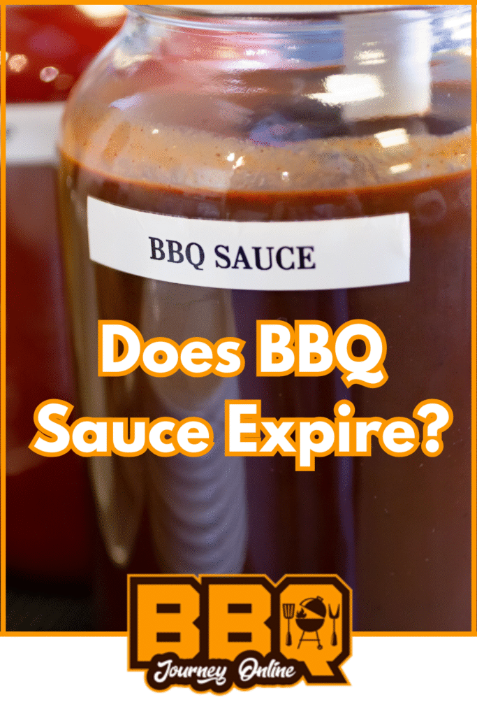 A jar labeled "BBQ SAUCE" with the text "Does BBQ Sauce Expire? Can BBQ Sauce Go Bad?" and a BBQ Journey Online logo at the bottom.