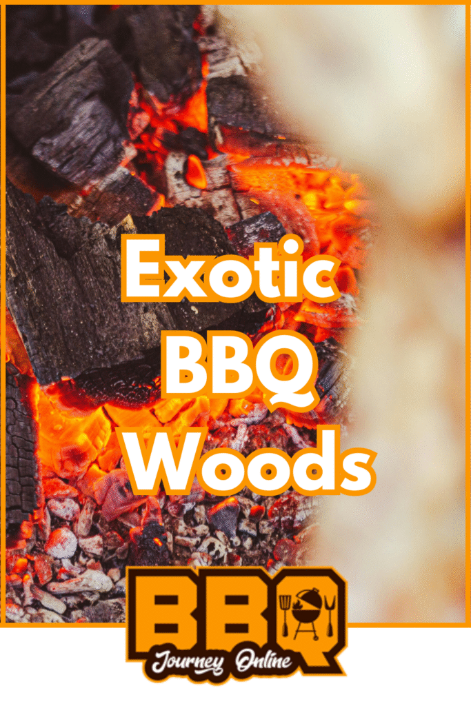 Close-up of glowing coals and burning wood with the text "Exploring Exotic BBQ Woods: Beyond the Basics" and a BBQ Journey Online logo at the bottom.