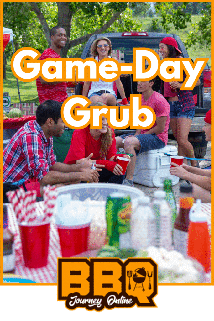 A group of people gather near a parked vehicle, enjoying Game-Day Grub while eating and drinking at an outdoor tailgate party. "Game-Day Grub" text overlays the image with a BBQ Journey Online logo at the bottom.