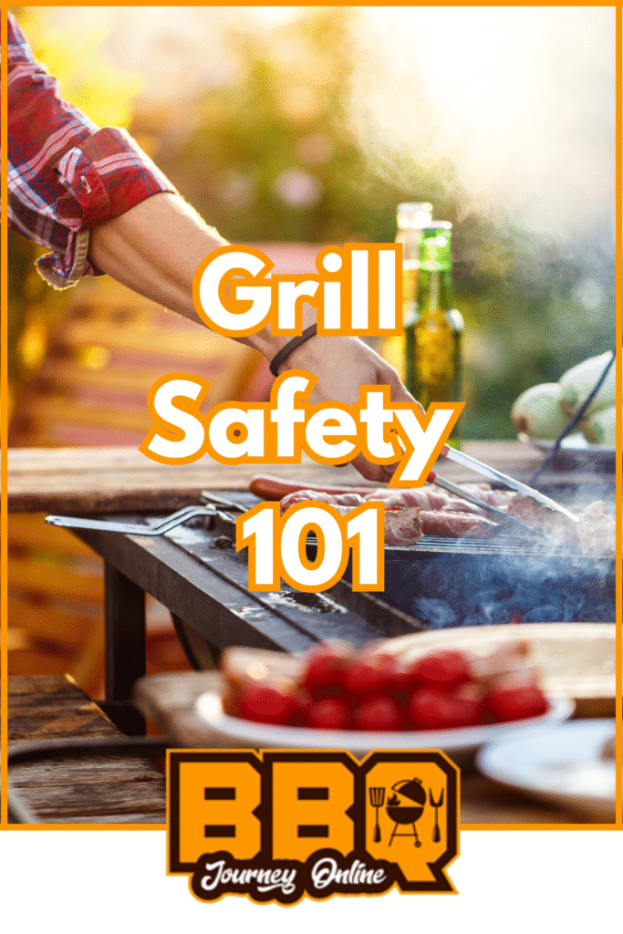 A person grilling food outdoors with a bottle and vegetables nearby, overlaid with the text "Grill Safety 101: Avoiding Common Pitfalls" and a BBQ logo at the bottom.