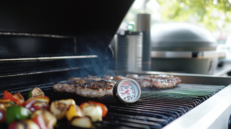A barbecue grill with several pieces of meat cooking, a grill thermometer reading about 200°F, and skewered vegetables in the foreground—perfect for mastering every cookout with tips from the Grill Thermometers Guide.