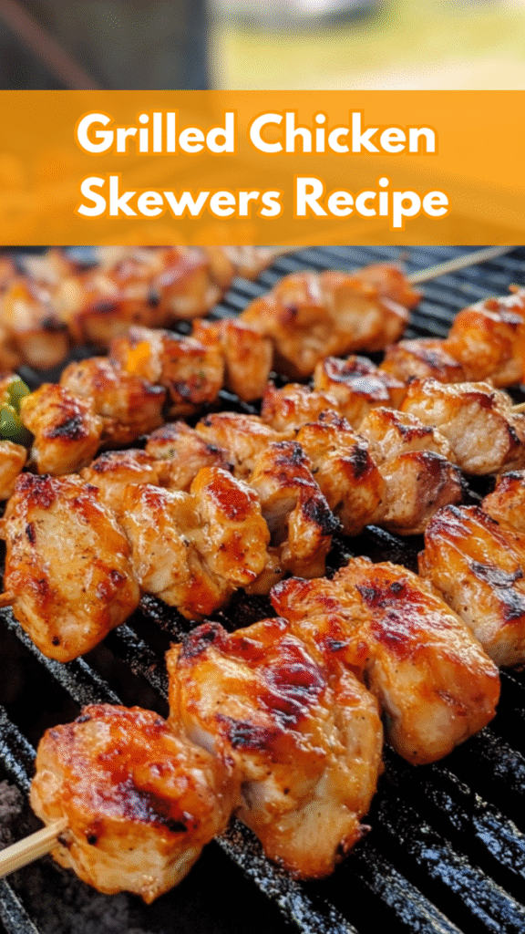 Grilled chicken skewers sizzling on a barbecue, with a text overlay that reads "Grilled Chicken Skewers Recipe.