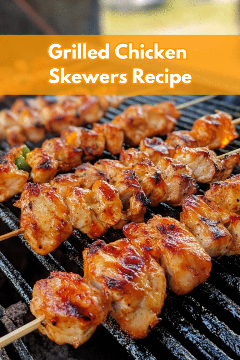 Grilled chicken skewers sizzling on a barbecue, with a text overlay that reads "Grilled Chicken Skewers Recipe.