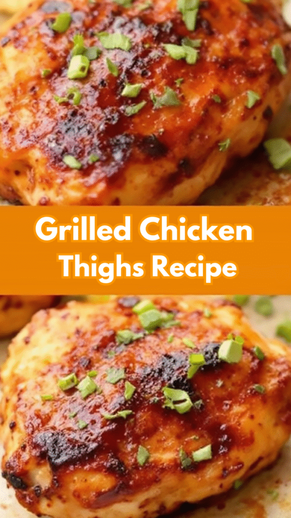 Two grilled chicken thighs garnished with chopped green onions on a light surface, with text in the center reading "Grilled Chicken Thighs Recipe"—the perfect visual for your next grilled chicken thighs recipe.