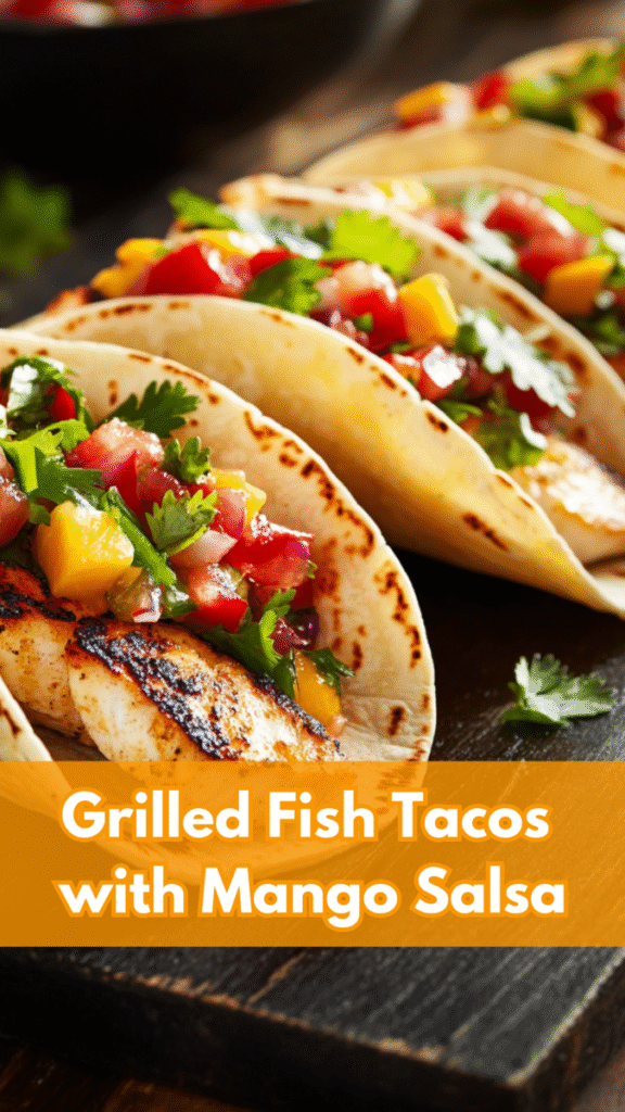 Three grilled fish tacos with mango salsa and cilantro are served in soft tortillas on a wooden board. A text overlay reads: "Grilled Fish Tacos with Mango Salsa.