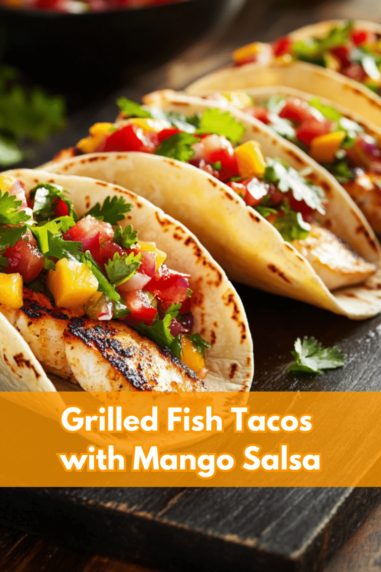 Three grilled fish tacos with mango salsa and cilantro are served in soft tortillas on a wooden board. A text overlay reads: "Grilled Fish Tacos with Mango Salsa.