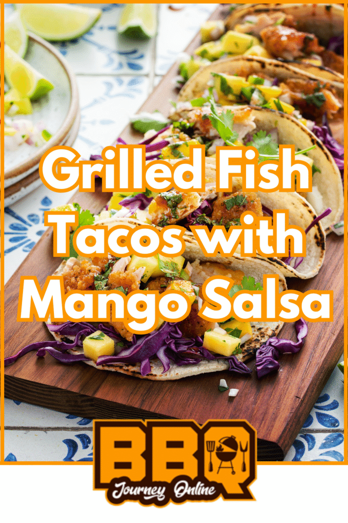 Three grilled fish tacos with mango salsa are topped with purple cabbage and cilantro, displayed on a plate with lime wedges; text overlay reads “Grilled Fish Tacos with Mango Salsa.”.