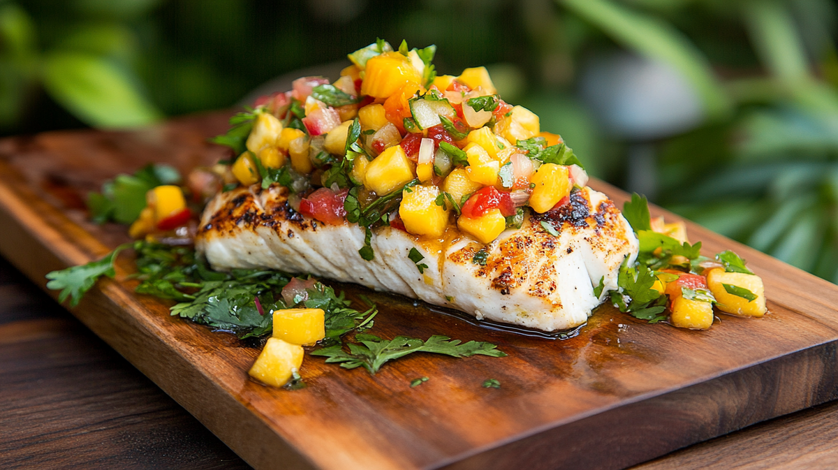 Grilled fish tacos with mango salsa are served on a wooden board, topped with colorful salsa and fresh herbs, perfect for enjoying outdoors.