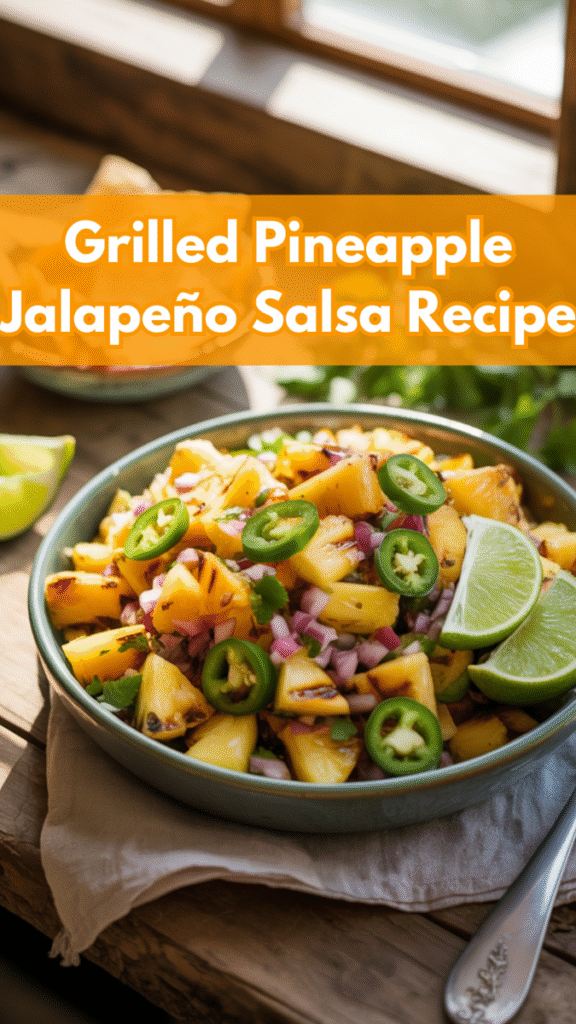 A bowl of grilled pineapple jalapeno salsa with lime wedges, red onion, and jalapeño slices sits on a rustic wooden table by a sunny window.