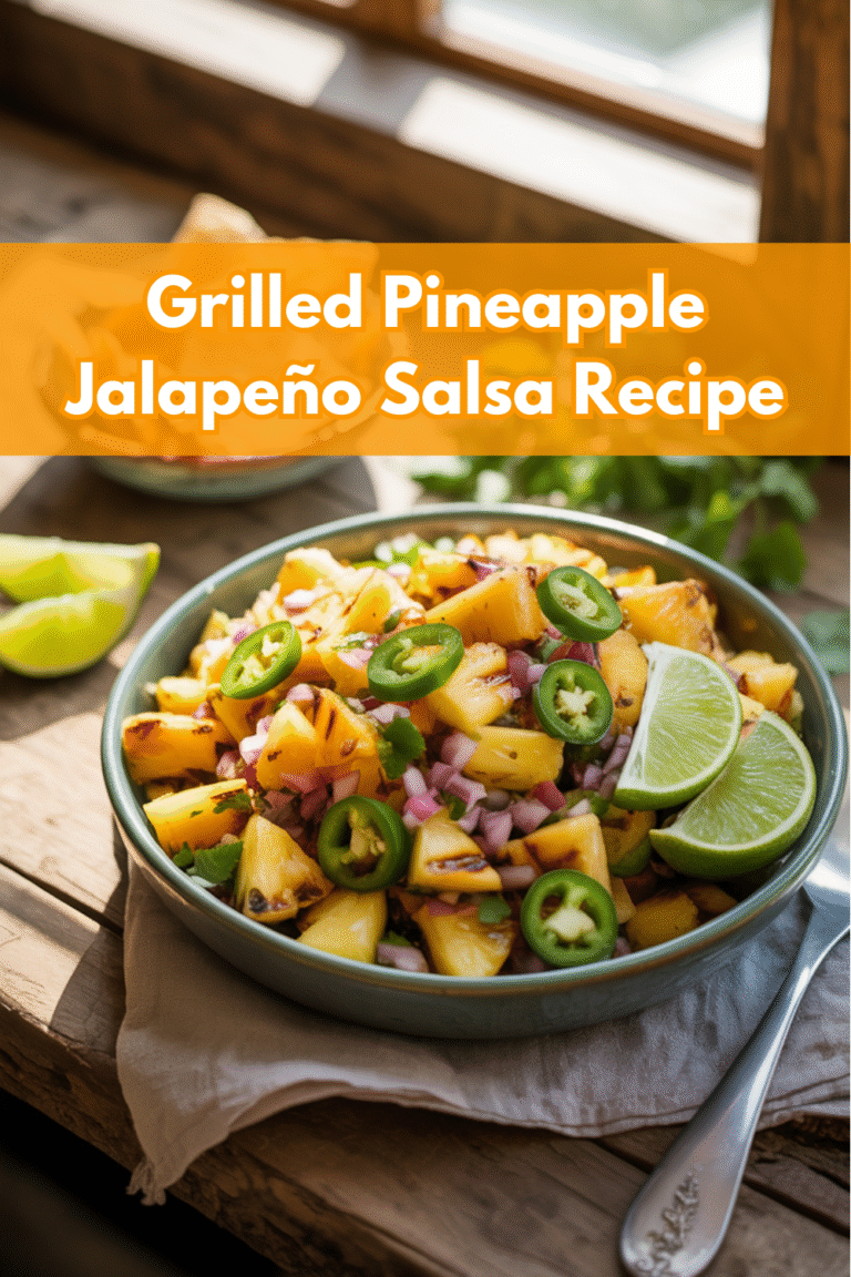 A bowl of grilled pineapple jalapeno salsa with lime wedges, red onion, and jalapeño slices sits on a rustic wooden table by a sunny window.