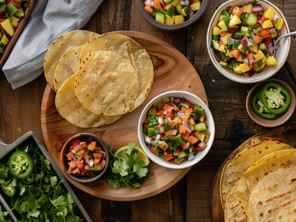 A wooden table with tortillas, bowls of fresh salsa, grilled pineapple jalapeno salsa, chopped vegetables, cilantro, and sliced jalapeños arranged for a meal preparation.