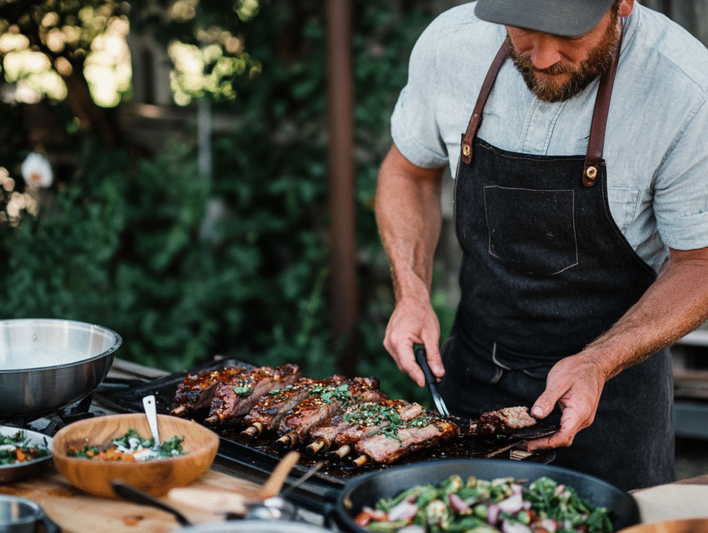 A man wearing an apron and cap uses tongs to serve chipotle honey glazed ribs garnished with herbs, with bowls of salad and other food nearby on an outdoor table.