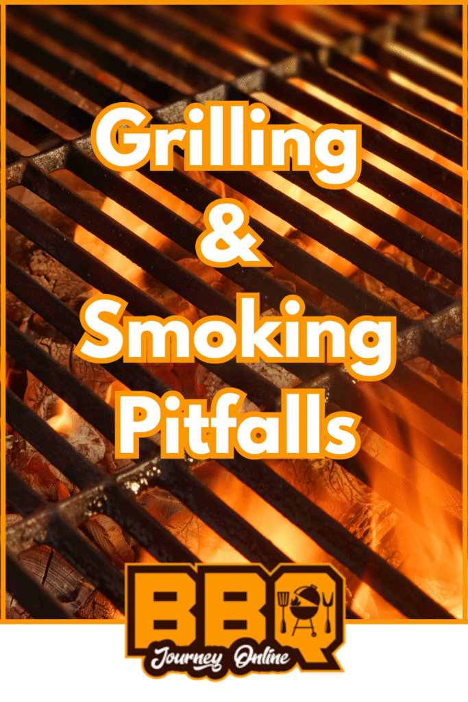 Close-up of a grill grate over burning coals with the text "Common Mistakes in Grilling & Smoking Meat" and a BBQ Journey Online logo at the bottom.