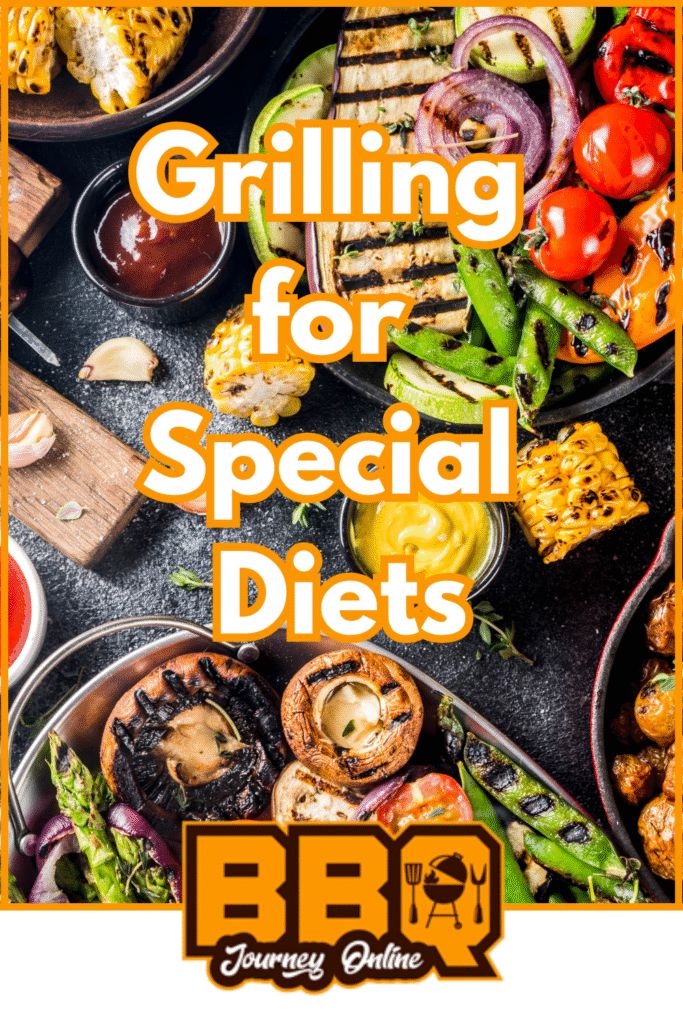 A variety of grilled vegetables, including corn, mushrooms, asparagus, and peppers, are arranged on a table with the text "Grilling for Special Diets" to showcase healthy grilling options for every lifestyle.