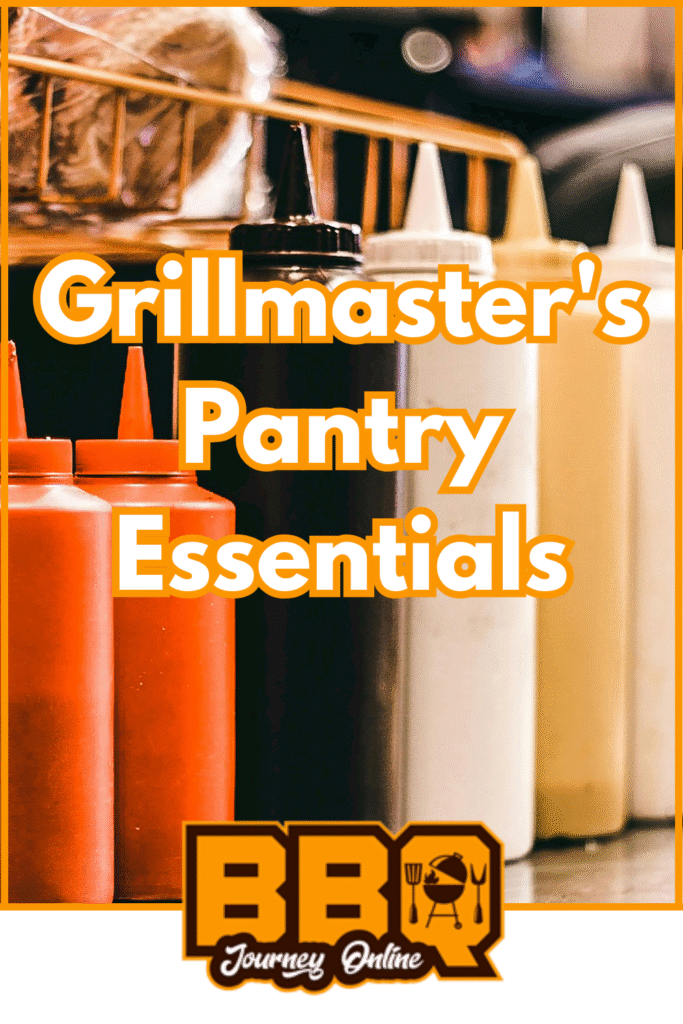 Plastic squeeze bottles filled with red and white sauces are arranged on a counter, highlighting Grillmaster's Pantry Essentials: Stocking Up for BBQ Success, alongside the BBQ Journey Online logo.