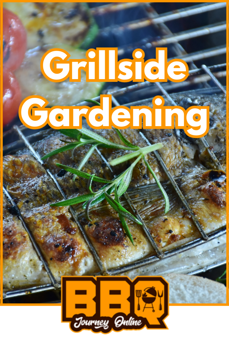 Grilled chicken with herbs on a barbecue grill, featuring the text "Grillside Gardening: Growing Herbs for BBQ Flavor" and a BBQ Journey Online logo at the bottom.