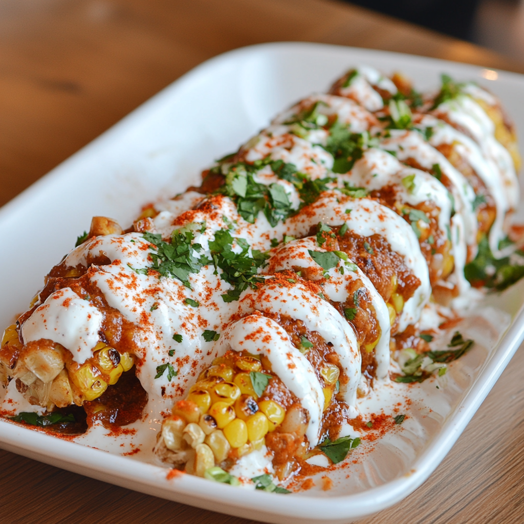 Grilled corn on the cob, inspired by a classic Mexican street corn elote recipe, topped with creamy sauce, red seasoning, and chopped cilantro, served on a rectangular white plate-perfect for your next BBQ.